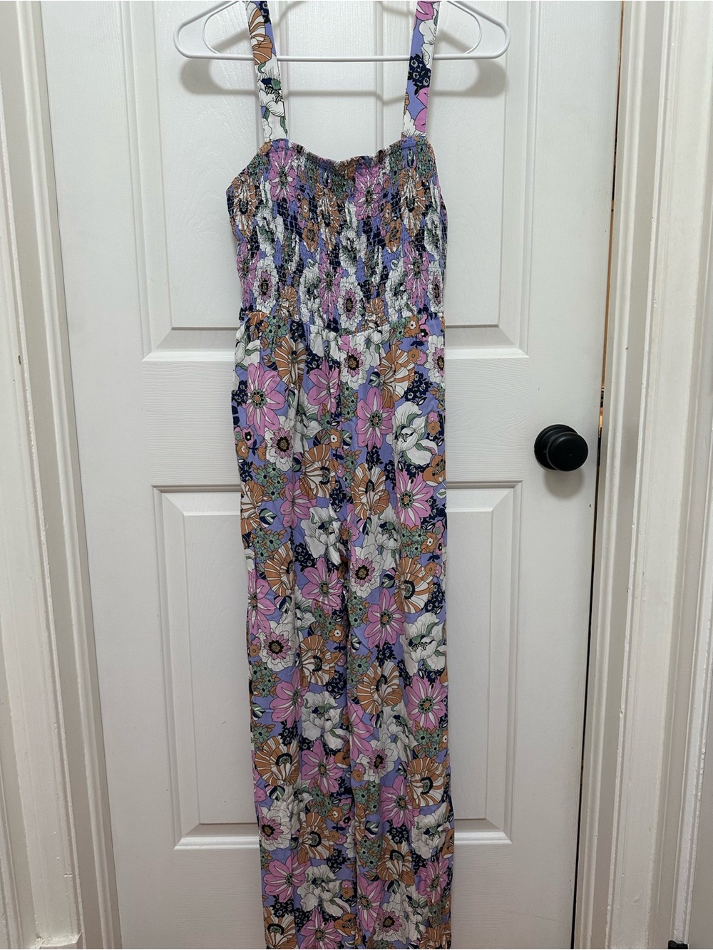 0349 Floral Smocked Strap Jumpsuit in Pink and White size medium